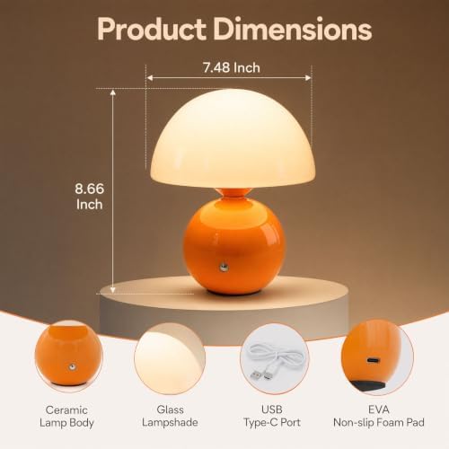 Senzoy Glass/Ceramic Mushroom Table Lamp, Orange Bedside Night Lamp - Image 4