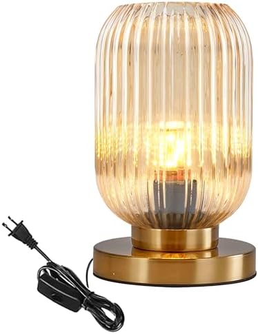 Amber Glass Table Lamp Mid Century Modern Lamps Side Gold Desk Lamp Small Nightstand Lamp Adjustable Color Temperature with Globe Glass Shade for Bedroom Living Room Office by Auwieou