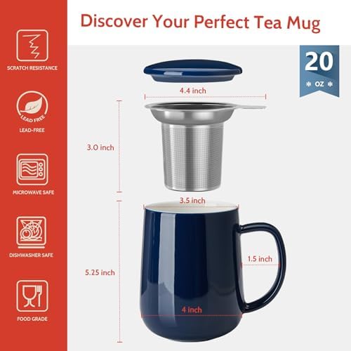 Sweese 20oz Porcelain Teacup with Infuser and Lid, Large Tea Mug for Loose Tea - Microwave and Dishwasher Safe, Insulated, Modern Design for Tea Lovers - Image 2