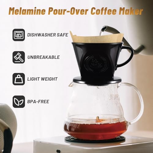 Melamine Pour Over Coffee Maker with 3 Drip Holes, Pour Over Coffee Dripper For Camping, Home, Café, Size 02 (Black) - Image 2