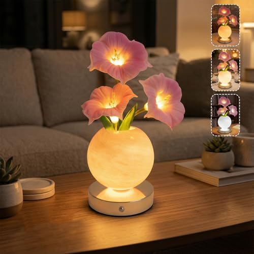 Pink Morning Glory Flower Lamp, Rechargeable Cordless LED Floral Table Lamp by VEEKINavigation
