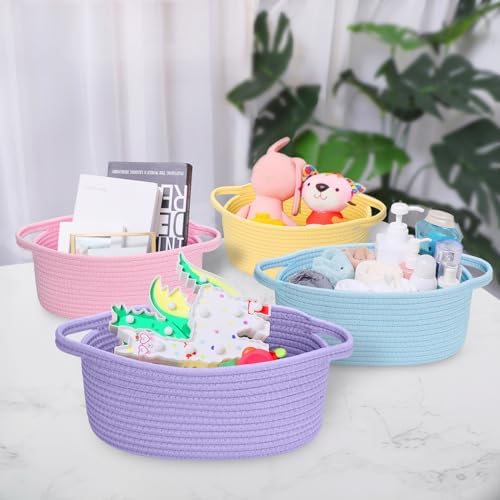 ABenkle Small Basket with Handles, Boho Decorative Rope Woven Dog Cat Toy Storage Bin Shelf Storage Organizer, Easter Christmas Gift Basket, 12"x8"x5" - Image 4