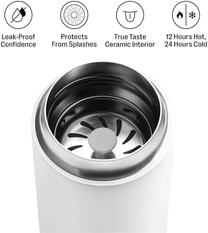 Fellow Carter Move 12oz Ceramic-Lined Coffee Travel Mug - Vacuum-Insulated Stainless Steel Tumbler, No Metallic Taste, Leak-Proof, Hot 12Hr Cold 24Hr, Dishwasher Safe, BPA-Free, Matte White - Image 2