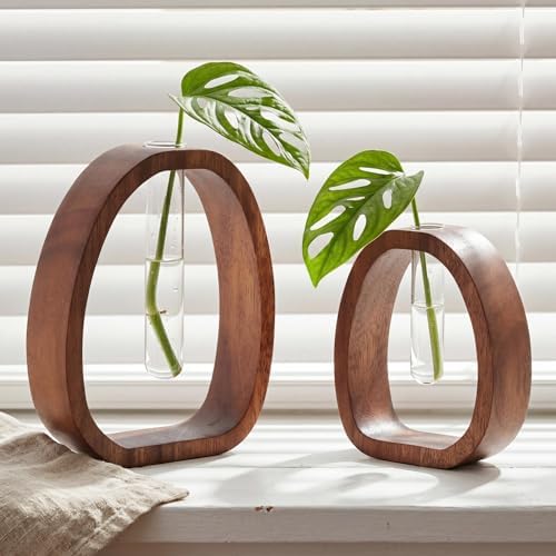 Houmury Walnut Wood Propagation Station Set of 2 Hydroponic Glass Test Tube Vases 7.5” & 5.8” for Plants Cuttings Modern Farmhouse Table Centerpieces for Home Office Desk Decor by Houmury