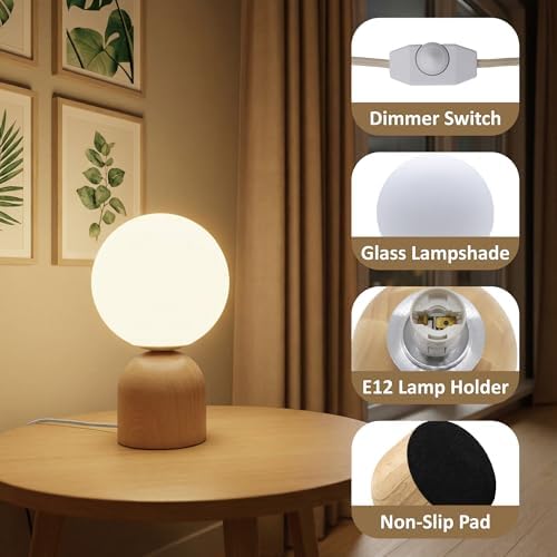 9.8" Dimmable Solid Wood Table Lamp with Opal Glass Globe Shade, Natural - Image 3
