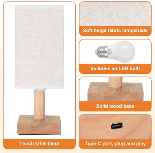 UCHENTON Small Corded Touch Square Table Lamp with Stepless Dimming, Natural Wood Base & Linen Fabric Shade, 5W Ambient Night Light for Bedroom, Bedside, Nightstand, Living Room, Nursery - Image 6