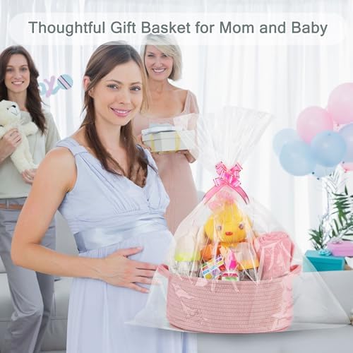 COMSE Empty Small Gift Basket with Bag & Ribbons, Dusty Pink - Image 3