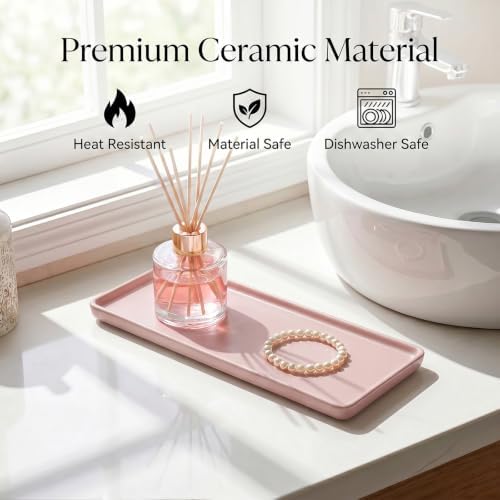 8″ x 3.7″ Ceramic Vanity Tray, Decorative Rectangular Organizer for Bathroom Countertop, Dresser Top, Kitchen & Bathtub, for Soap, Perfume, Candle, Jewelry & Cosmetics (Pink) - Image 5
