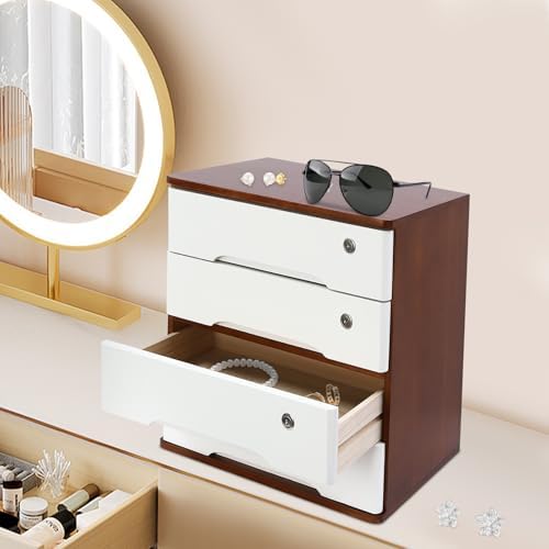 Wooden Desktop Storage Box with Lockable Drawers, Flat File Cabinet Drawer Desktop Storage Box, Countertop Storage Cabinet for Office Home Toiletries Supplies Vanity (walnut+white, 4 Drawer) - Image 4