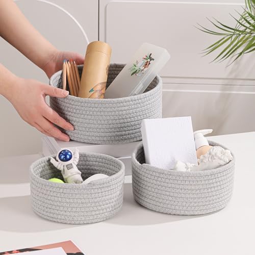 YMhoart Small Basket Cotton Rope Woven Baskets for Organizing Cute Mini Tiny Baskets for Nursery Decorative Boho Round Storage Bathroom Organization Bin Open Storage Bins(Grey) - Image 4
