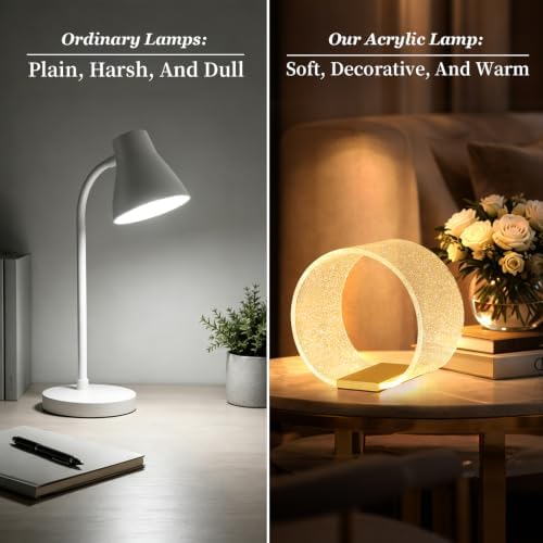 LED Small Table Lamp, Modern Minimalist Round Hollow Acrylic Nightstand Lamp, Warm Plug-in Desk Lamp for Bedroom Living Room Home Decor - Image 3