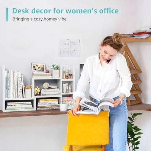 NUTIKAS Desk Shelves Desktop Organizer Shelf - White Office Organization for Top of Desk Organizers and Accessories Corner Bookshelf Table Top Shelving Small Hutch Decorations for Women Office - Image 6