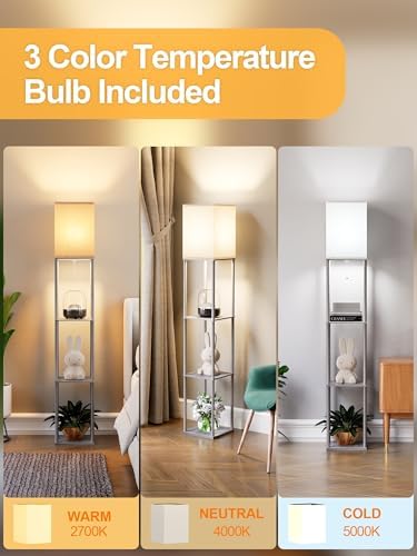 Floor Lamp with Shelves for Living Room, Shelf Floor Lamp with 3 CCT LED Bulb, Corner Display Standing Column Lamp Etagere Organizer Tower Nightstand with White Linen Shade for Bedroom, Dark Gray - Image 3