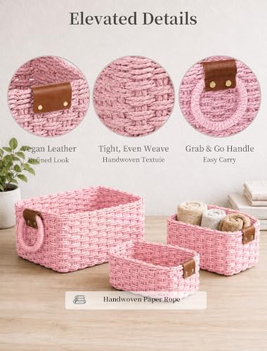 Small Wicker Baskets, 3 PCS Paper Rope Baskets for Shelves, Pink - Image 4