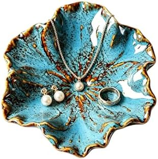 Flower Shaped Ceramic Jewelry Tray, Decorative Trinket Dish for Rings Earrings Necklaces, 5 Inch Ceramic Catchall Tray for Vanity Bathroom, Gift for Women (Blue) by Unknown