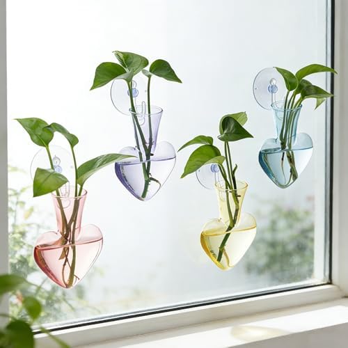 Bunmery Window Propagation Stations, 4 pcs Colored Heart Plant Propagation Station with Suction Cups, Easy to Install Window Hanging Planer, Indoor No Nails Glass Vase Terrarium for Plants&Flowers - Image 2