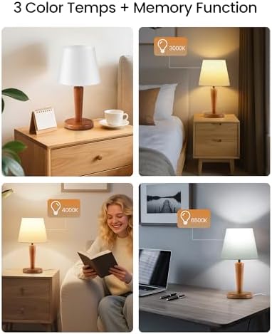 12" Wood Bedside Table Lamps Set of 2, Small Desk Lamps for Small Places, 3 Color Temperatures with Memory, White Linen Shade & E26 Bulbs, for Bedroom Living Room Office LW13TLP205 - Image 2