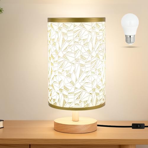 Desk Lamp LED Bulb Included, Small Bedside Table Lamp Plug-in - Classic Wood Base with Flaxen Fabric Shade, Lamps for Night Stands, Simple Nightstand Light for Bedroom, Office, Desk by Unknown