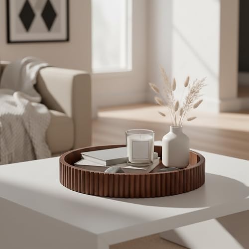 Ribbed Wood Decorative Tray, 16.5-Inch Round with Walnut Finish for Table Centerpieces - Image 4