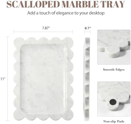 Koville Scalloped Marble Tray, 11"x8" Marble Vanity Tray for Countertop Bathroom Kitchen Dresser, Natural Stone Tray for Jewelry Perfume Home Decor, Decorative Catchall Trays(Bianco Carrara) - Image 2