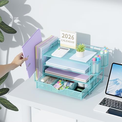 gianotter Desk Organizers and Accessories with File Holder, 4-Tier Desk Accessories & Workspace Organizers with Drawer and 2 Pen Holder, Paper Organizer for Office Supplies (Blue) - Image 6