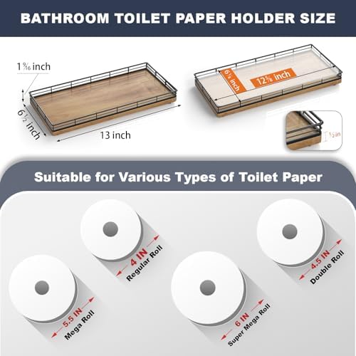 Bathroom Toilet Tank Tray, 13" Wood Toilet Paper Storage Basket Tray Back of Toilet Basket Organizer,Vanity Tray for Perfume Makeup Candle Decor, Black & Farmhouse Brown - Image 3