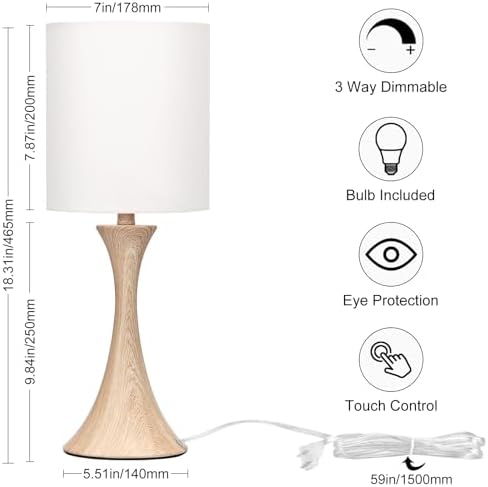 Dimmable Wood Grain Metal Table Lamp, 3 Way Touch Lamp with White Shade - Image 2