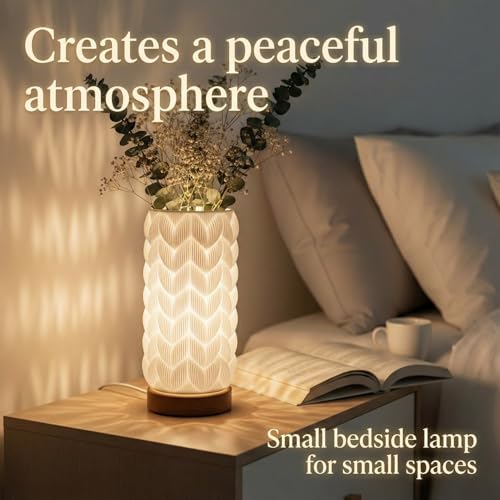 Small Bedside Lamp for Nightstand, 3D Printed Mini Table Lamp, 3 Color Temperatures Warm to Cool White, Cozy Small Lamp for Bedroom Dorm Tight Spaces, Ash Wood Base, 8.8 Inch Tall - Honeycomb - Image 3