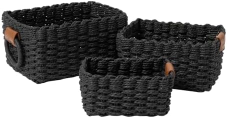 La Jolie Maison Small Black Wicker Baskets Set of 3, Paper Rope Storage Baskets with Handle, Small Woven Baskets for Organizing, Decorative Cute Baskets for Gifts by LaJolieMaison