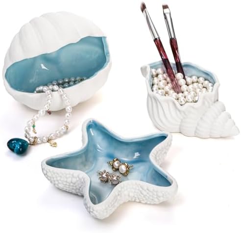 TOPZEA 3 Pack Ceramic Jewelry Tray, Conch Starfish Aqua Shell Shaped Trinket Dish Ocean Themed Trinket Plate Decorative Earring Rings Bracelet Holder for Dresser, Bedroom, Entryway, Beach Room Decor by TOPZEA