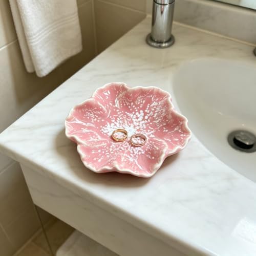 Pink Flower Ceramic Jewelry Dish - Rustic Glazed Trinket Tray for Rings Earrings, Boho Vanity Organizer for Bathroom Counter Nightstand Desk, Small Catch All Bowl for Keys Coins, Gift for Women - Image 5