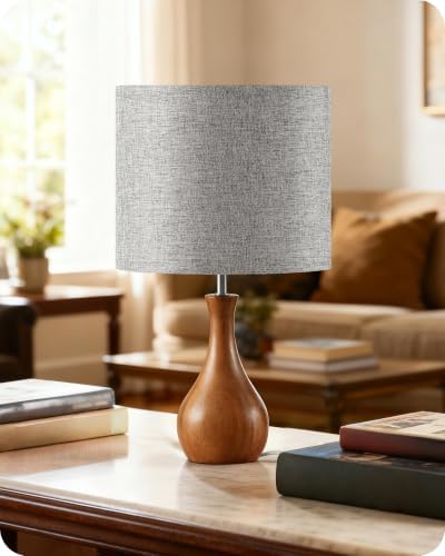 Gray Table Lamp, 14.2" Small Bedside Lamp, Compact Desk Lamp with Gray Linen Lampshade & Dark Walnut Base, Modern Nightstand Lamp for Bedroom, Kid's Room, Office, E26 Socket, LH09TL05 by GOEBLESON