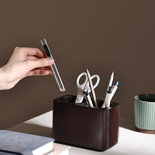 Oak Solid Wood Pen &Pencil Holder for Desk, Office Stationery Organizer, Table Pencil Cup Stand,Desk Accessories Holder, Two Cups Practical Design. (Espresso) - Image 3