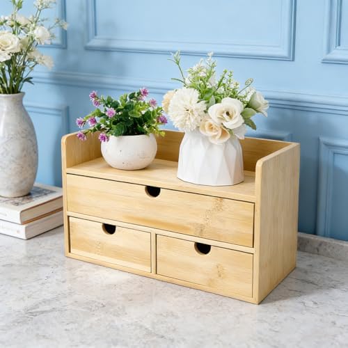 AHANDMAKER Bamboo Desk Organizer, Desktop Drawer Organizer Countertop Storage Box for Home Office Makeup Letter File Storage Organization, No Assembly Required (3 Drawers with Shelf) - Image 4