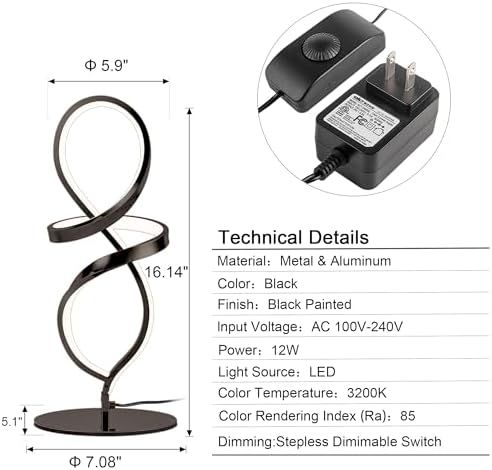 Modern Small Table Lamp with LED Spiral Design, 12W Black Nightstand Lamp - Image 5