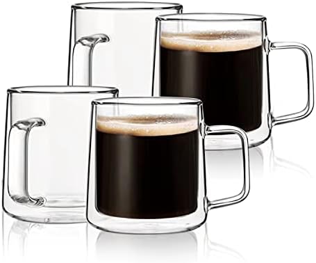 CNGLASS 10oz Glass Coffee Mugs,Double Wall Insulated Glass Mugs with Handle,Clear Espresso Mug for Latte,Cappuccino,Tea Bag,Set of 4 by CNGLASS