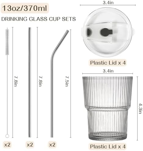 13oz Iced Coffee Cups,2Pcs Glass Cups with Lids and Straws Drinking Glasses,Clear Ribbed Glassware,Reusable Tumbler Glass to Go Cup for Matcha, Iced Tea,Juice - Image 2