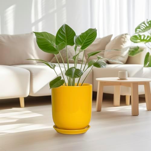 Ceramic Pot for Plants - 10 Inch Plant Pot Indoor with Drainage Hole and Saucer Large Planter for Outdoor Plants Cylinder Decorative Flower Pot Yellow - Image 4