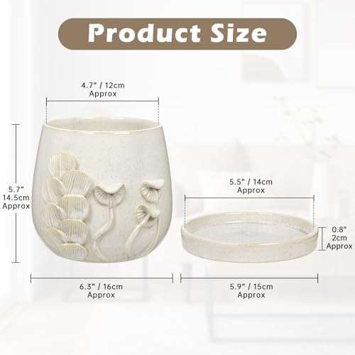 6 Inch Ceramic Plant Pot with Mushroom Gill Pattern Texture, Ivory White - Image 2