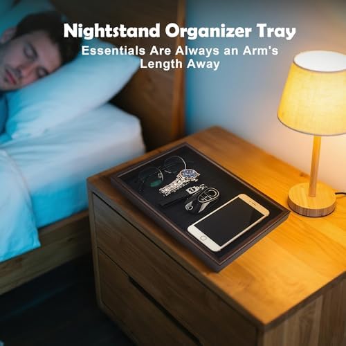 Wooden Valet Tray with Leather Base - Nightstand Catchall Organizer for Cologne, Perfume, Keys, Wallet, Phone, Watch, Jewelry & Sunglasses (2Pcs Black) - Image 4