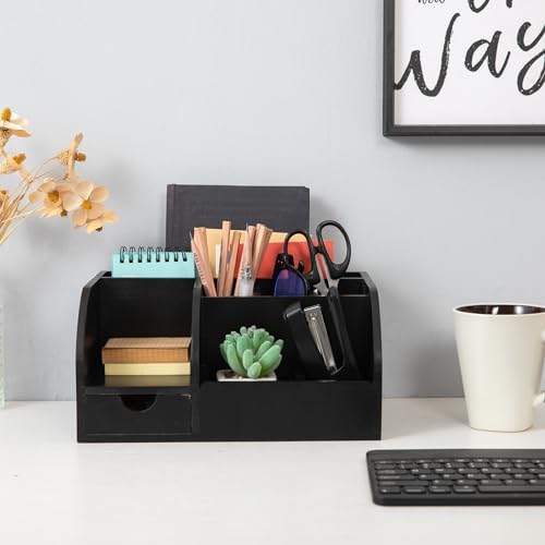 Office Desk Drawer Supply Organizer and Accessories, Wood Desk Organizer with 6 Compartments & 1 Drawer Binders Folder Papers Holder Pen Holder Office Desktop File Organizer (black) - Image 3