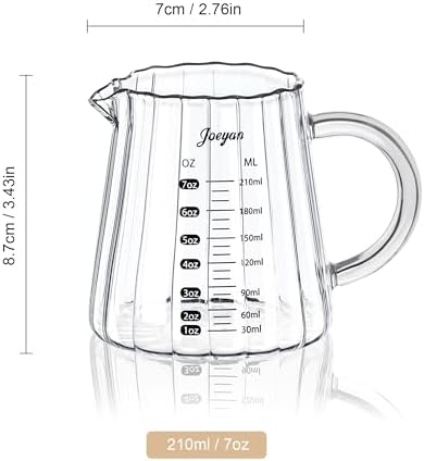Joeyan 7 oz Glass Measuring Cups with Spout,Borosilicate Large Glass Triple Pitcher with Scale,Origami Style Espresso Shot Glasses with Wood Handle for Coffee Milk - Image 7
