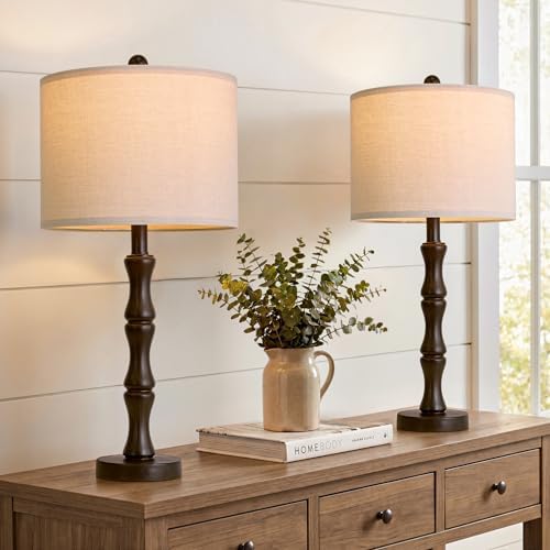BOBOMOMO 25" Classic Table Lamps Set of 2, Farmhouse Nightstand Lamps with Dark Brown Resin Base & Linen Shade, Standard Table Lamps for Bedroom, Living Room, Hallway & House Décor by BOBOMOMO
