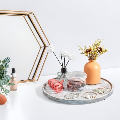 12 Inch Wood Round Tray, White Washed Wooden Decorative Bathroom Coffee Table Tray Centerpiece Candle Holder for Farmhouse Kitchen Dining Room Home Decor Coffee Table Decor and Accessories - Image 4
