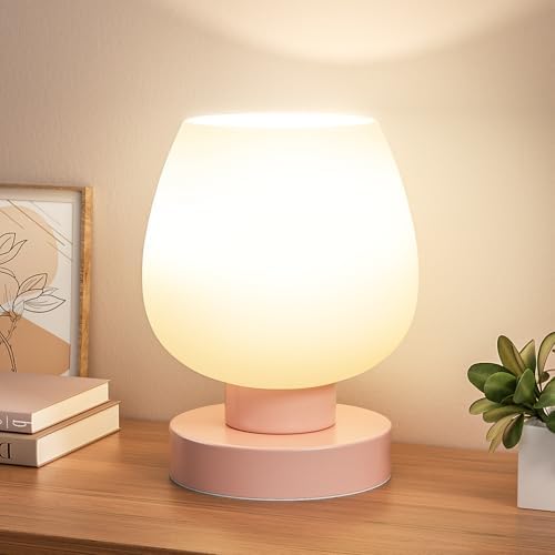 Seealle Pink Touch Table Lamp for Nightstand - Small Bedside Lamp for Bedroom Living Room Night Stands, Desk Lamp with White Glass Shade for Small Spaces, 3 Way Dimmable, LED Bulbs by SeealleLighting