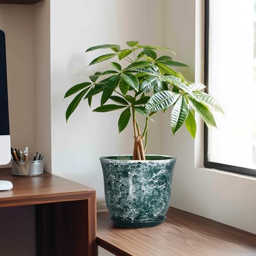 8 Inch Plant Pot - Ceramic Planter with Drainage Hole and Saucer, Round Planter for Indoor Outdoor, Modern Planters, Decorative Flower Pots, Office Room Home Decor, Plant Lover Gifts, Green - Image 3