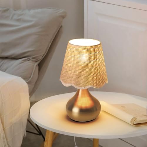 Small Table Lamp - Brass Gold Mini Table Lamps for Bedroom Vintage Decor Bedside Lamps for Night Stands Scalloped Rattan Shade Desk Lamp for Kids Room, Living Room, College Dorm, Home, Kitchen - Image 4