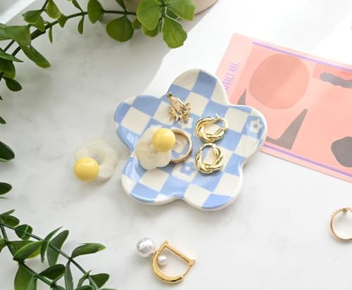 Blue Checkered Jewelry Dish, Ceramic Flower Trinket Tray for Rings & Earrings, Trendy Teen Girls Birthday Gifts, Aesthetic Room Decor for Nightstand Vanity Bathroom Sink & Dorm Desk, 3.8" - Image 5