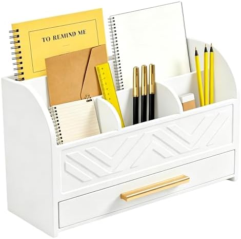 Charmewooden White Desk Organizer with Drawer, Pen Holder & Mail Sorter for Home Office by Charmewooden