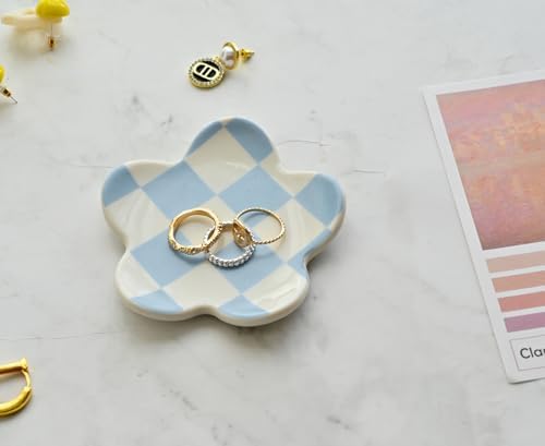 Blue Checkered Jewelry Dish, Cute Ceramic Flower Trinket Tray for Rings & Earrings, Trendy Teen Girls Birthday Gifts, Aesthetic Room Decor for Nightstand Vanity Bathroom Sink & Dorm Desk, 3.8" - Image 4